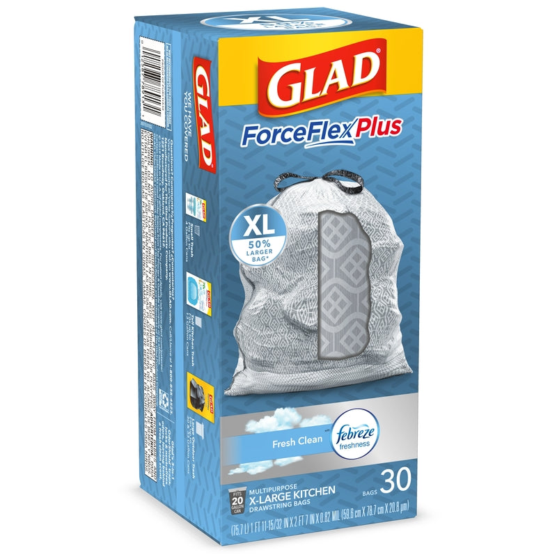 Glad 78913 Kitchen ForceFlexPlus Drawstring Trash Bag, Grey, 30 Bags