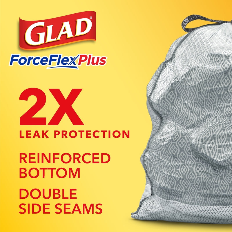 Glad 78913 Kitchen ForceFlexPlus Drawstring Trash Bag, Grey, 30 Bags