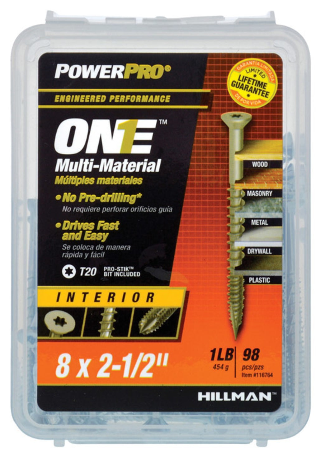 Hillman Fasteners 116764 Power Pro ONE Multi-Material Screws, 2-1/2" x #8