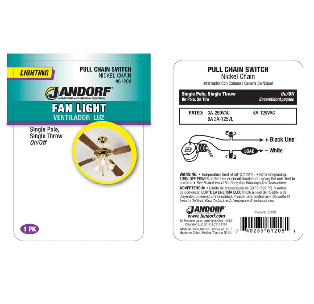 Jandorf 61208 Single Pole Pull Chain Appliance Switch, Brass, 6 Amps