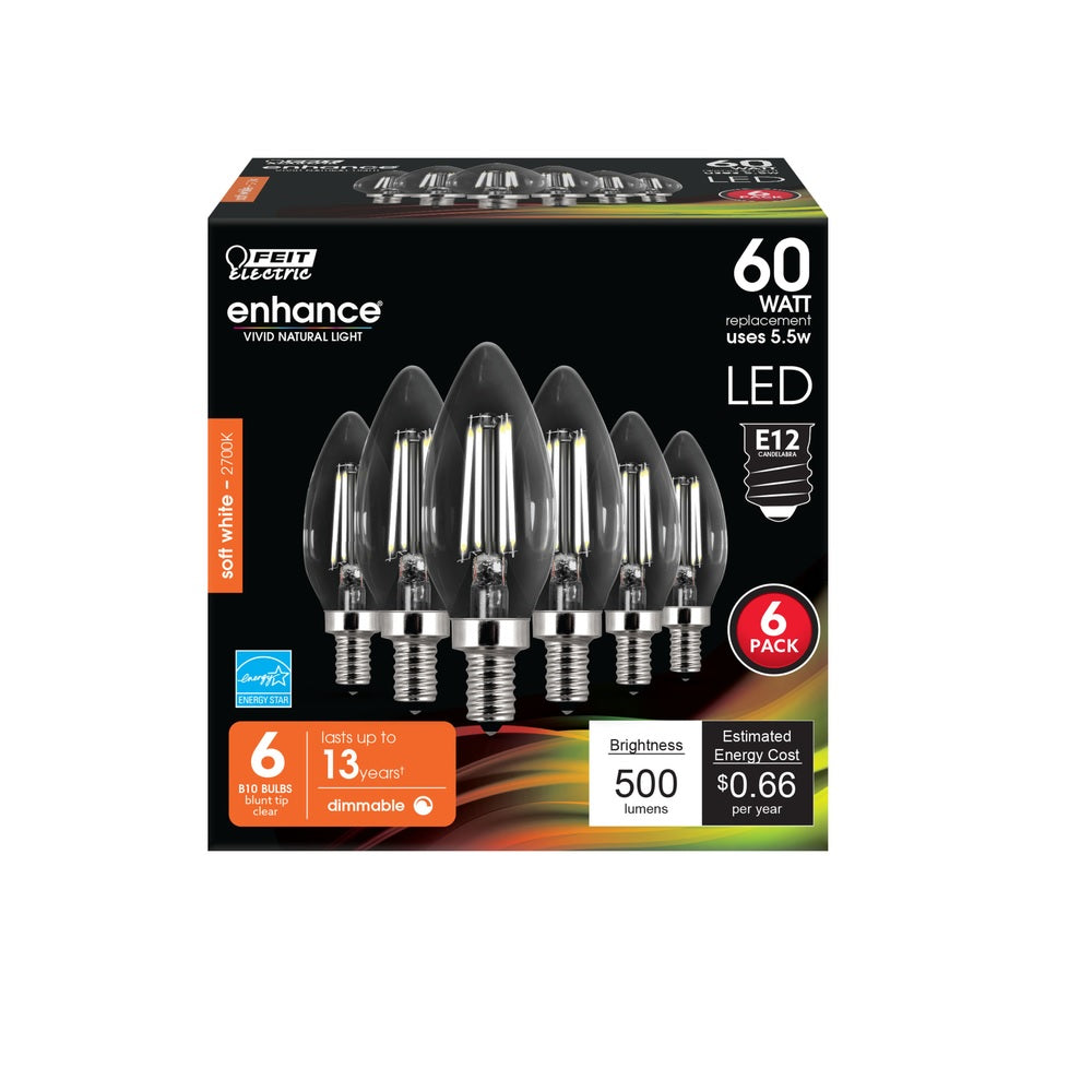 Feit Electric CTC60/927CAFIL6 B10 Soft White LED Bulb, 60 Watt, 6 pk