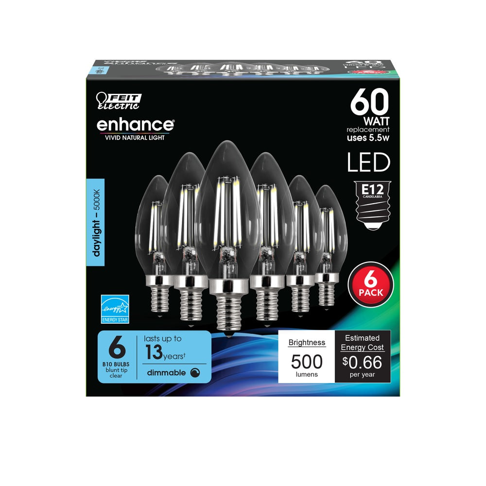 Feit Electric CTC60/950CAFIL6 B10 LED Bulb Daylight, 60 Watt, 6 pk