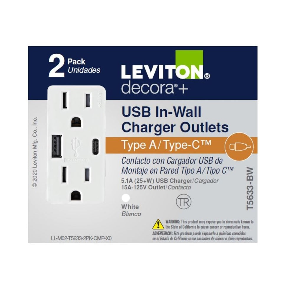 Leviton T5633-0WM 15 amps Duplex Outlet and USB Charger, White