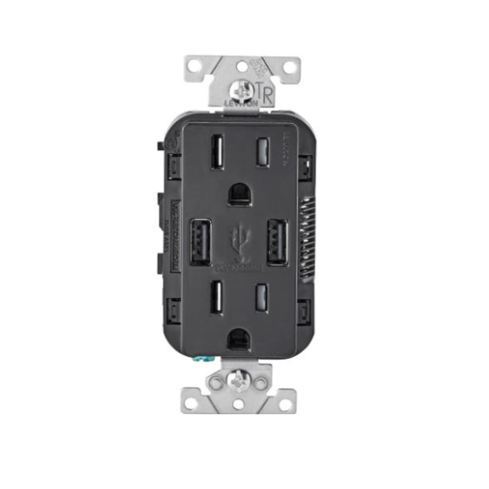 Leviton R05-T5632-0BE Duplex Outlet and USB Charger, Black, 125 volt