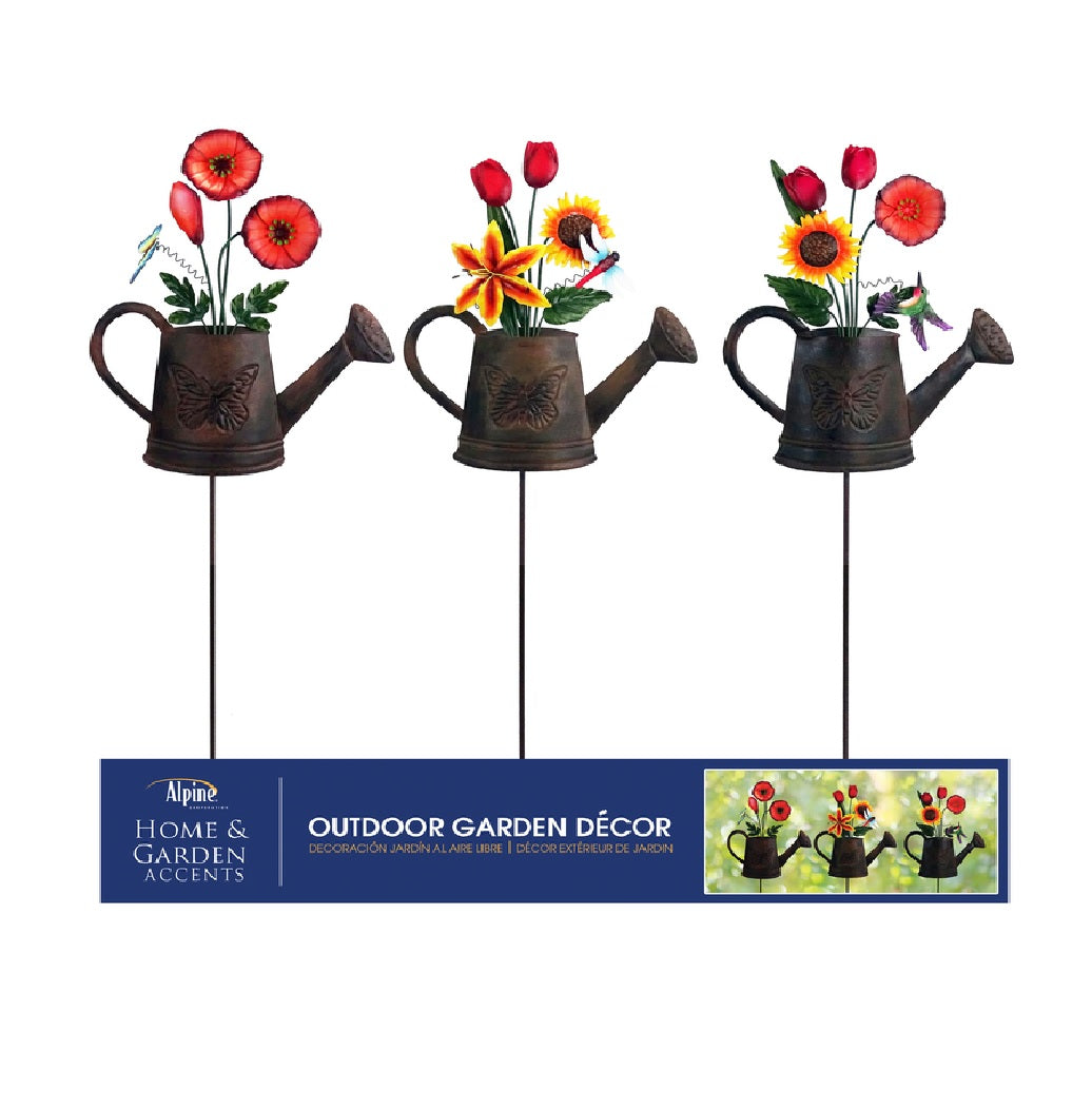Alpine QEL741A Watering Can with Flowers Outdoor Garden Stake