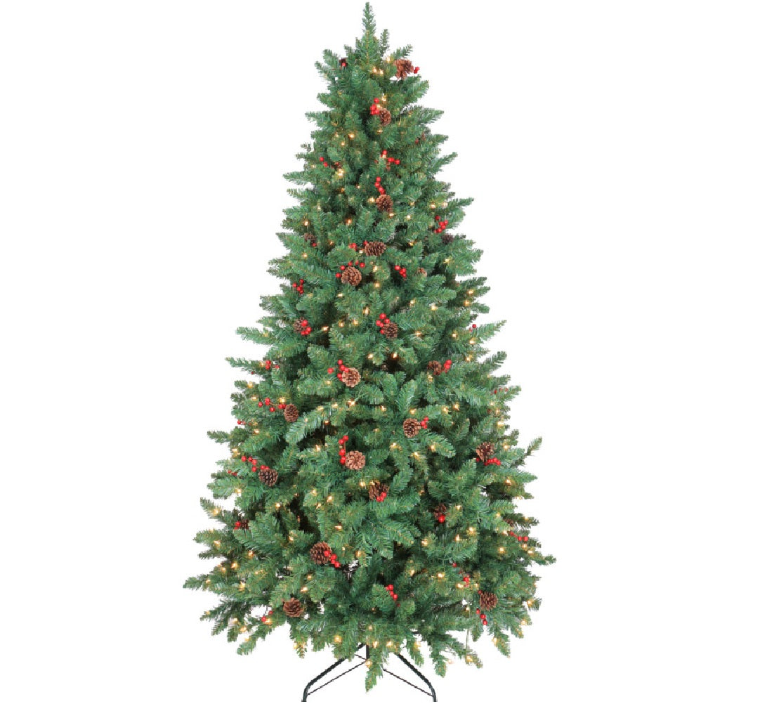 Santas Forest 27576 Tree Prelit Cones Berries, 7.5 Feet