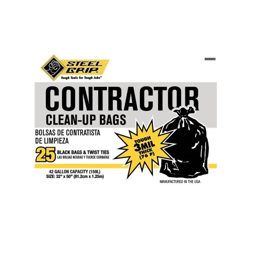 Steel Grip 3250A25SG Twist Tie Contractor Bags, Black, 42 Gallon