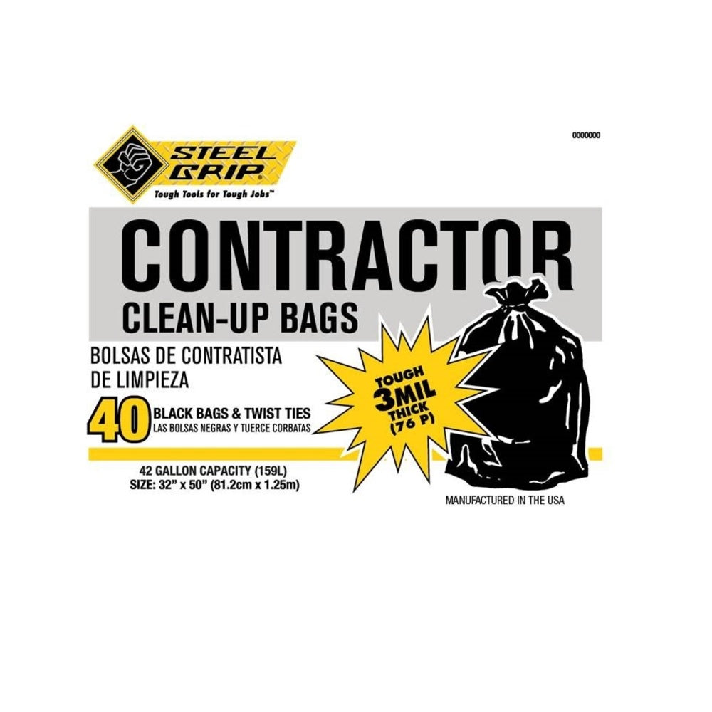 Steel Grip 3250A40SG Twist Tie Contractor Bags, Black, 42 Gallon