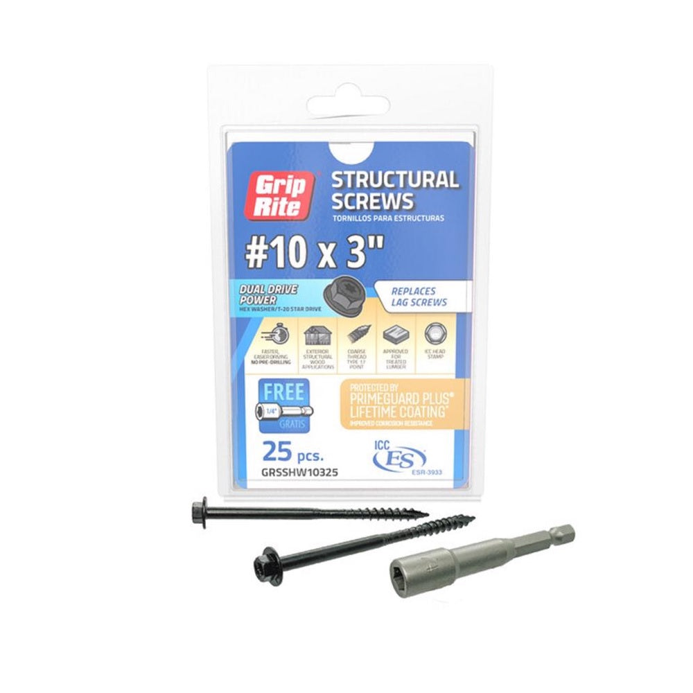Grip-Rite GRSSHW10325 Hex Washer Head Structural Screws, 3 Inch