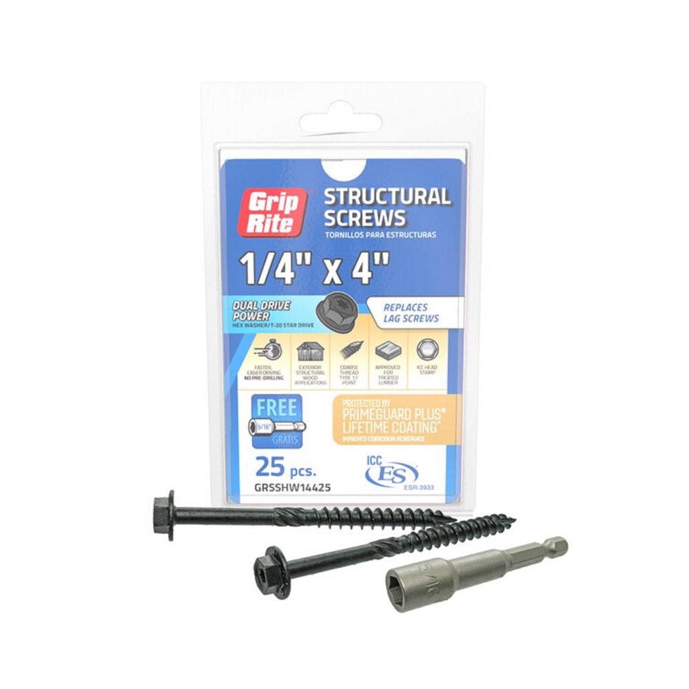 Grip-Rite GRSSHW14425 Hex Washer Head Structural Screws, 4 Inch