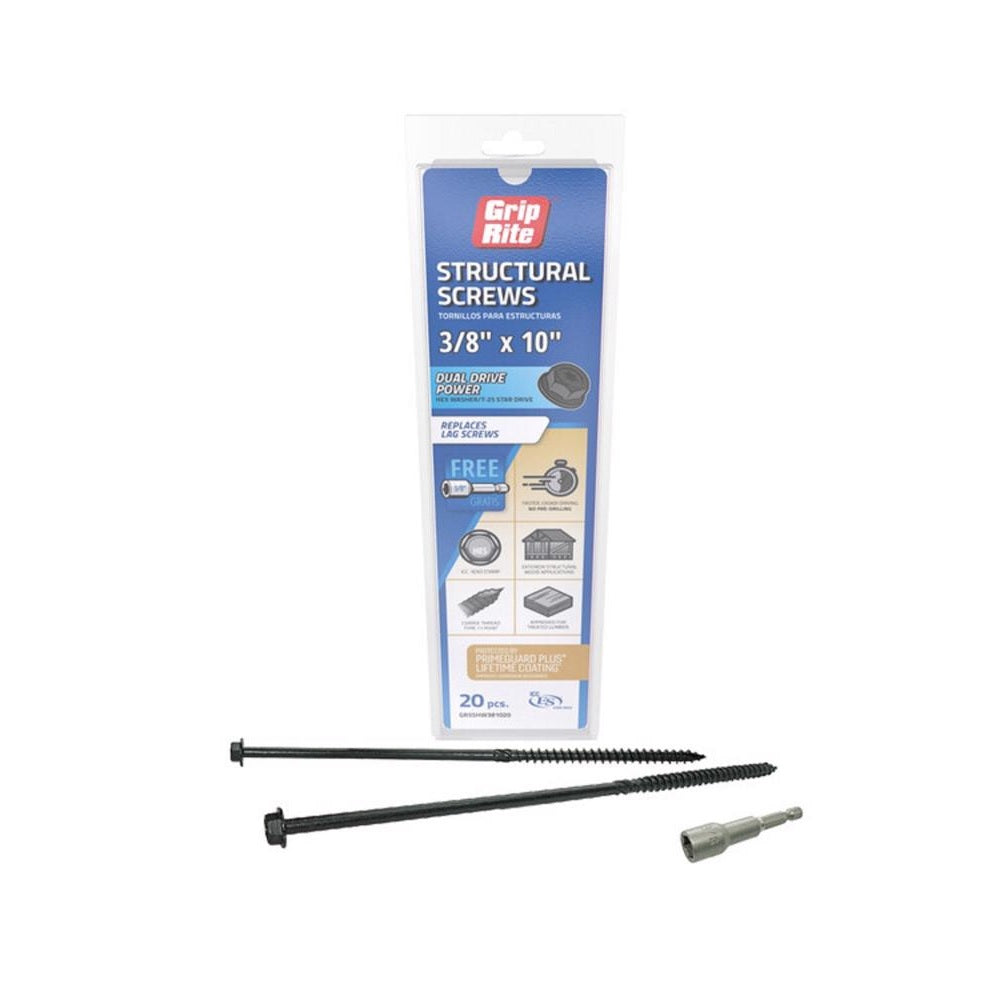 Grip-Rite GRSSHW381020 Hex Washer Head Structural Screws, 10 Inch