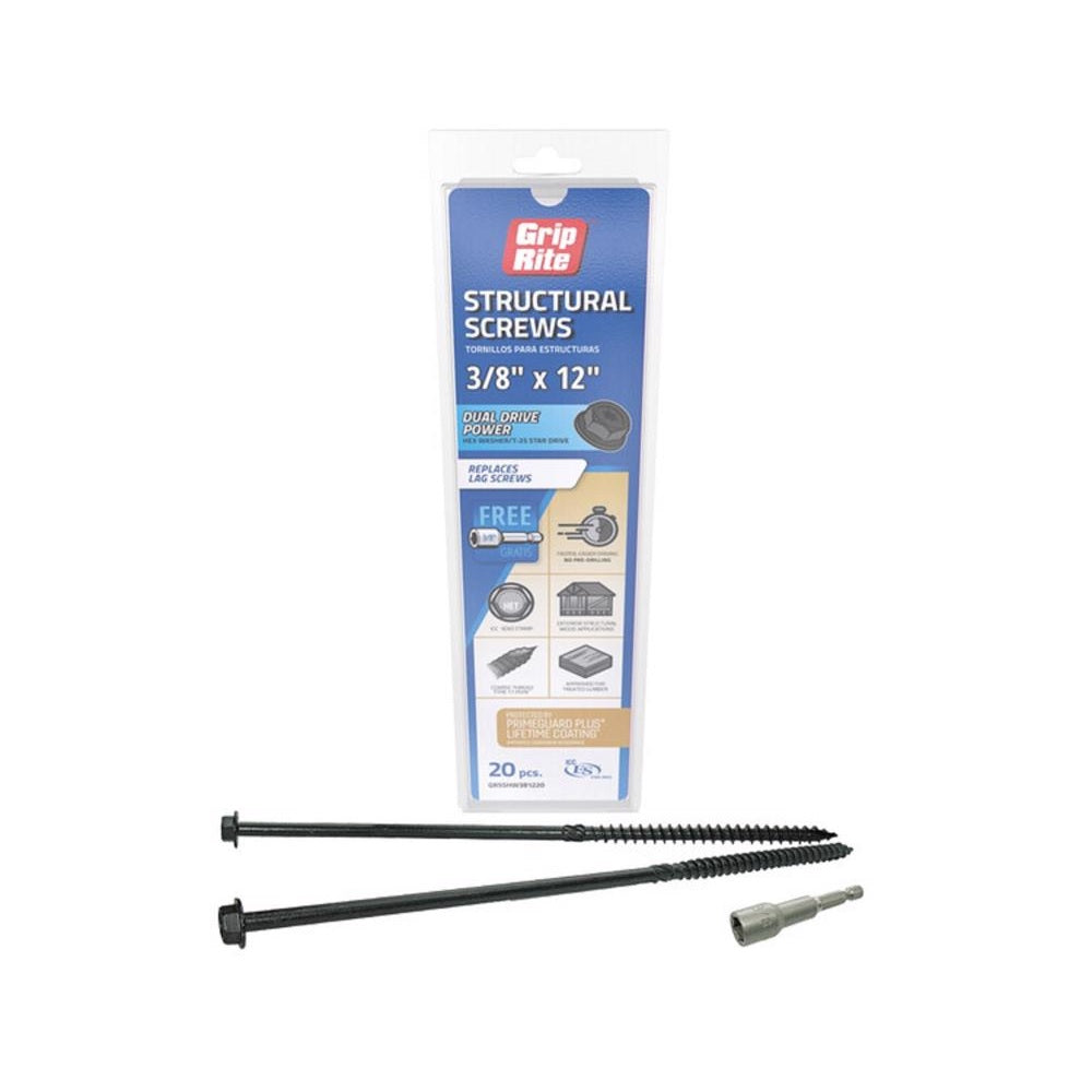 Grip-Rite GRSSHW381220 Hex Washer Head Structural Screws, 12 Inch