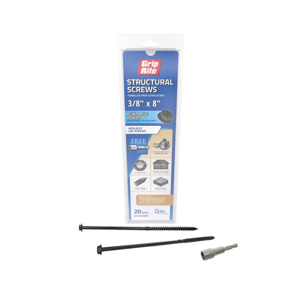 Grip-Rite GRSSHW38820 Hex Washer Head Structural Screws, 8 Inch