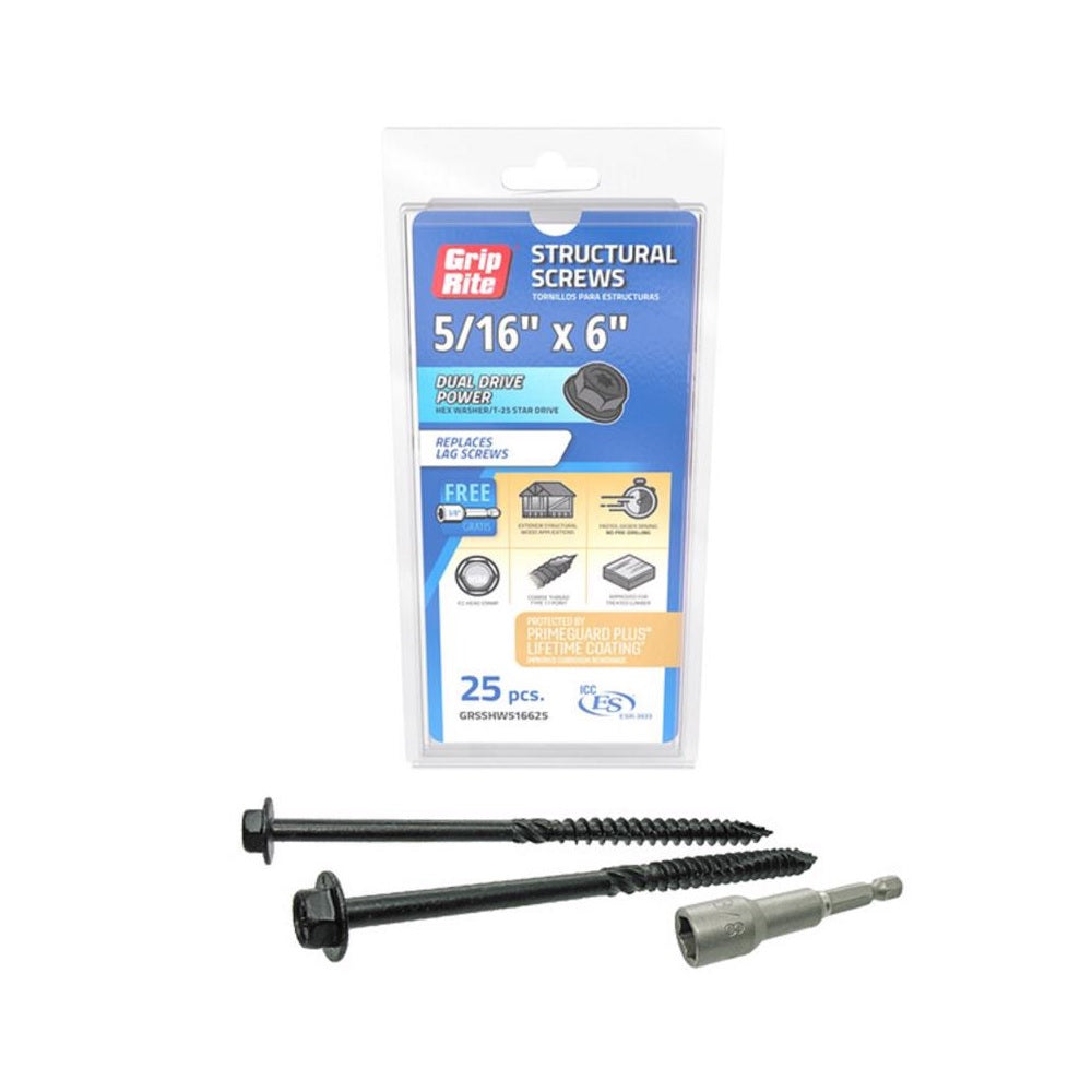 Grip-Rite GRSSHW516625 Hex Washer Head Structural Screws, 6 Inch