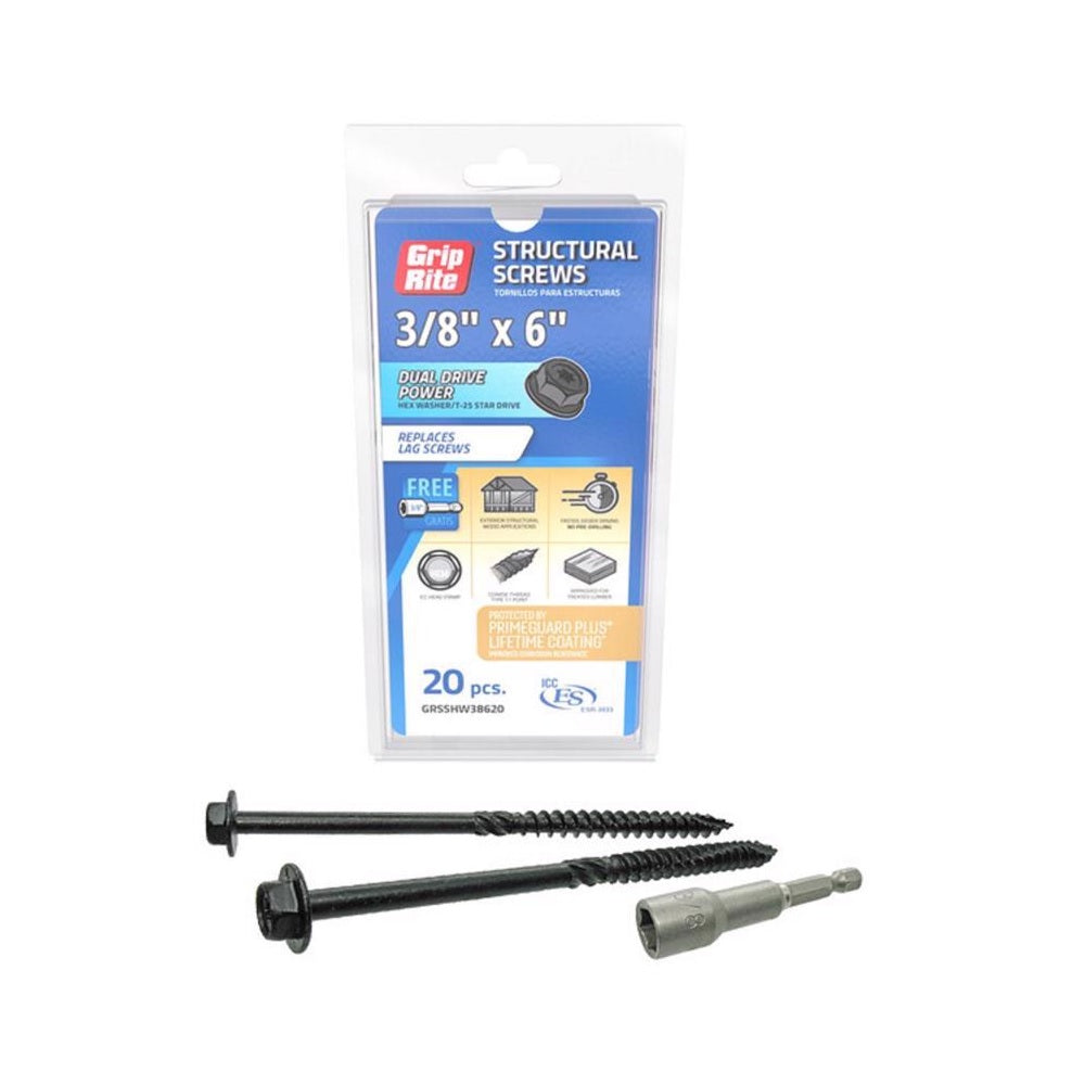 Grip-Rite GRSSHW38620 Hex Washer Head Structural Screws, 6 Inch