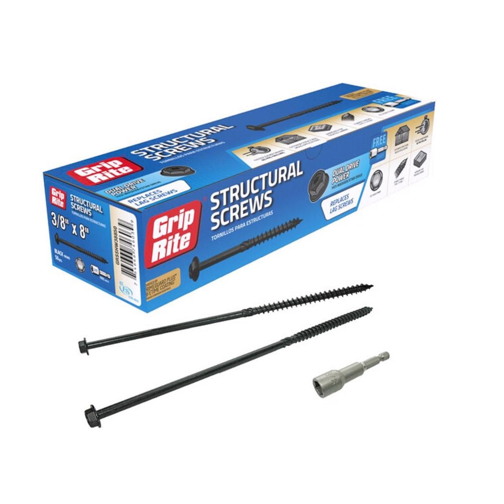 Grip-Rite GRSSHW38850 Hex Washer Head Structural Screws, 8 Inch