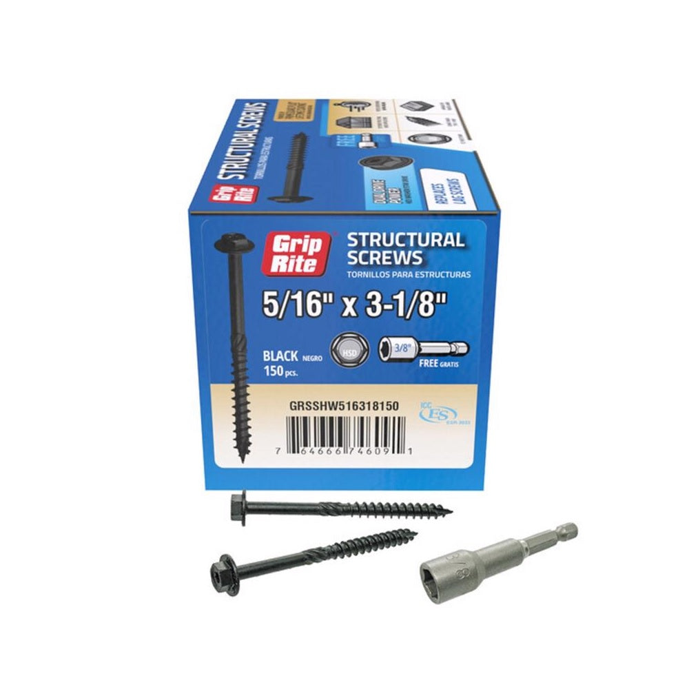 Grip-Rite GRSSHW516318150 Hex Washer Head Structural Screws, 3-1/8 Inch