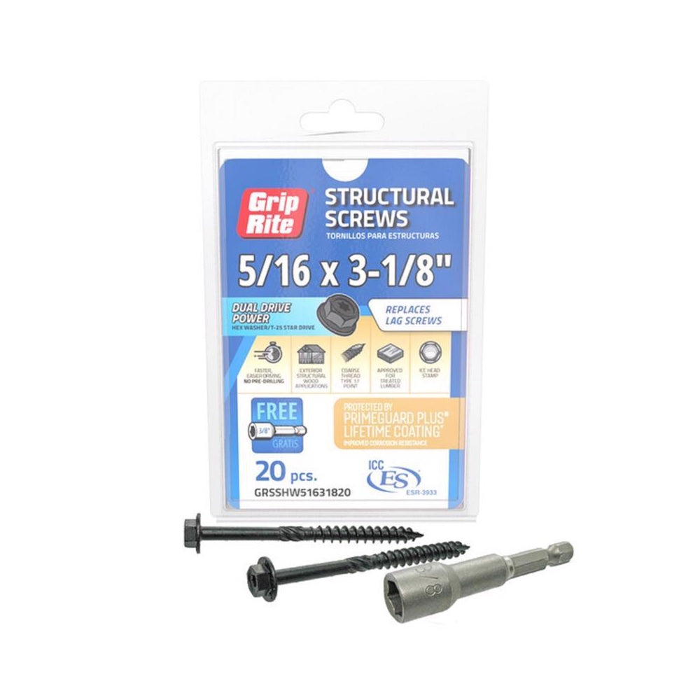 Grip-Rite GRSSHW51631820 Hex Washer Head Structural Screws, 3-1/8 Inch