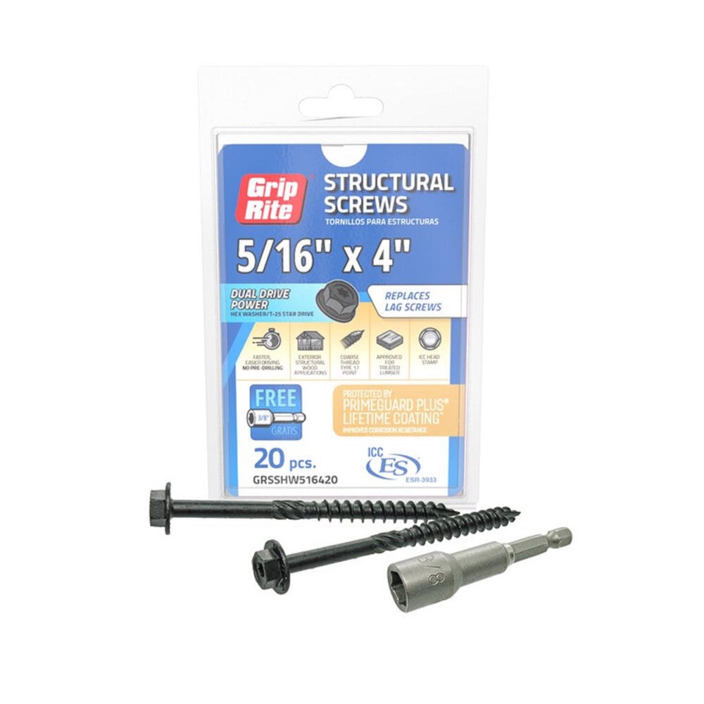 Grip-Rite GRSSHW516420 Hex Washer Head Structural Screws, 4 Inch