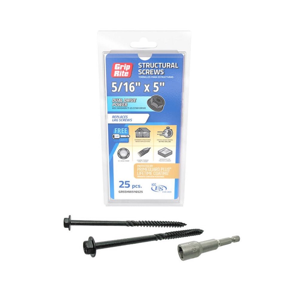 Grip-Rite GRSSHW516525 Hex Washer Head Structural Screws, 5 Inch