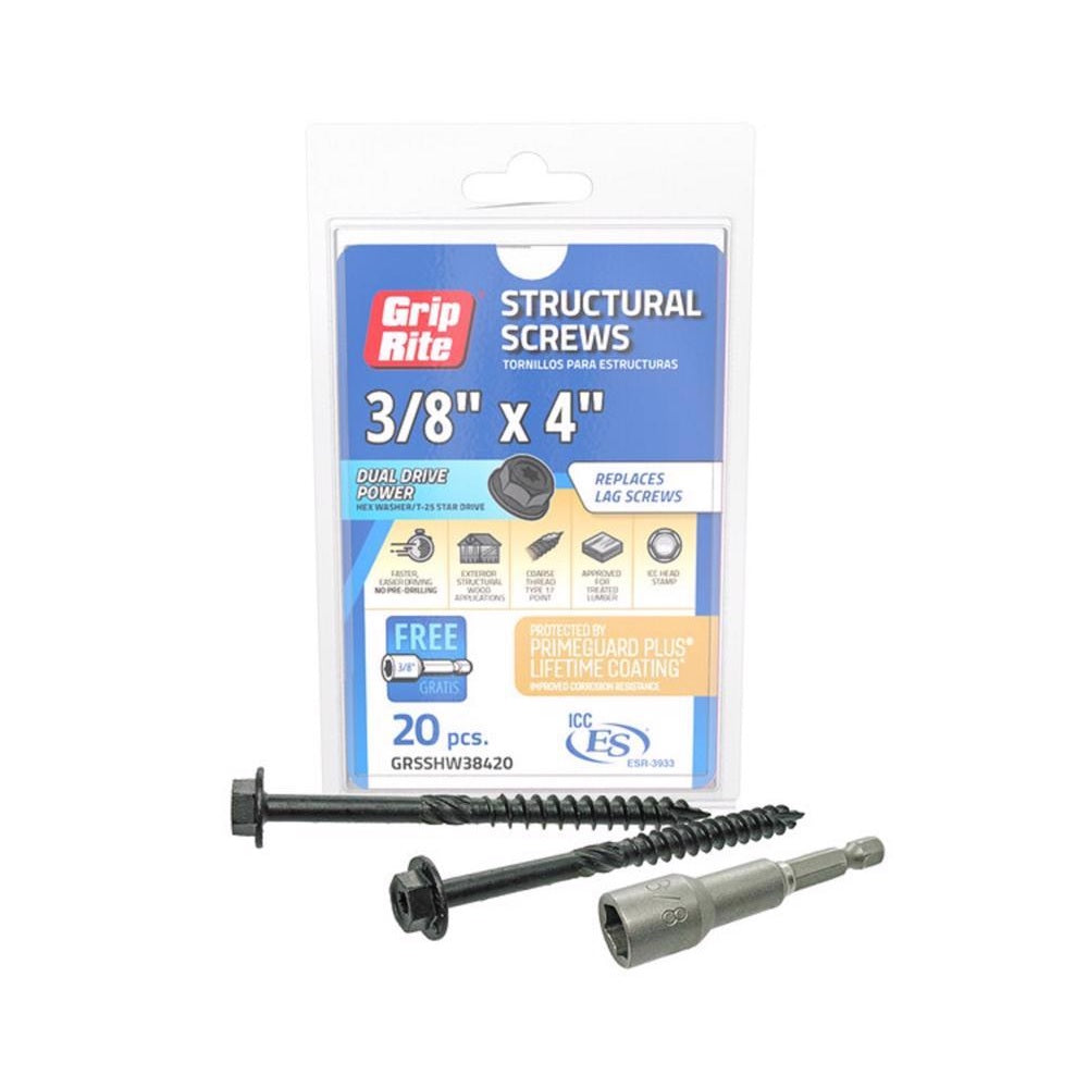 Grip-Rite GRSSHW38420 Hex Washer Head Structural Screws, 4 Inch