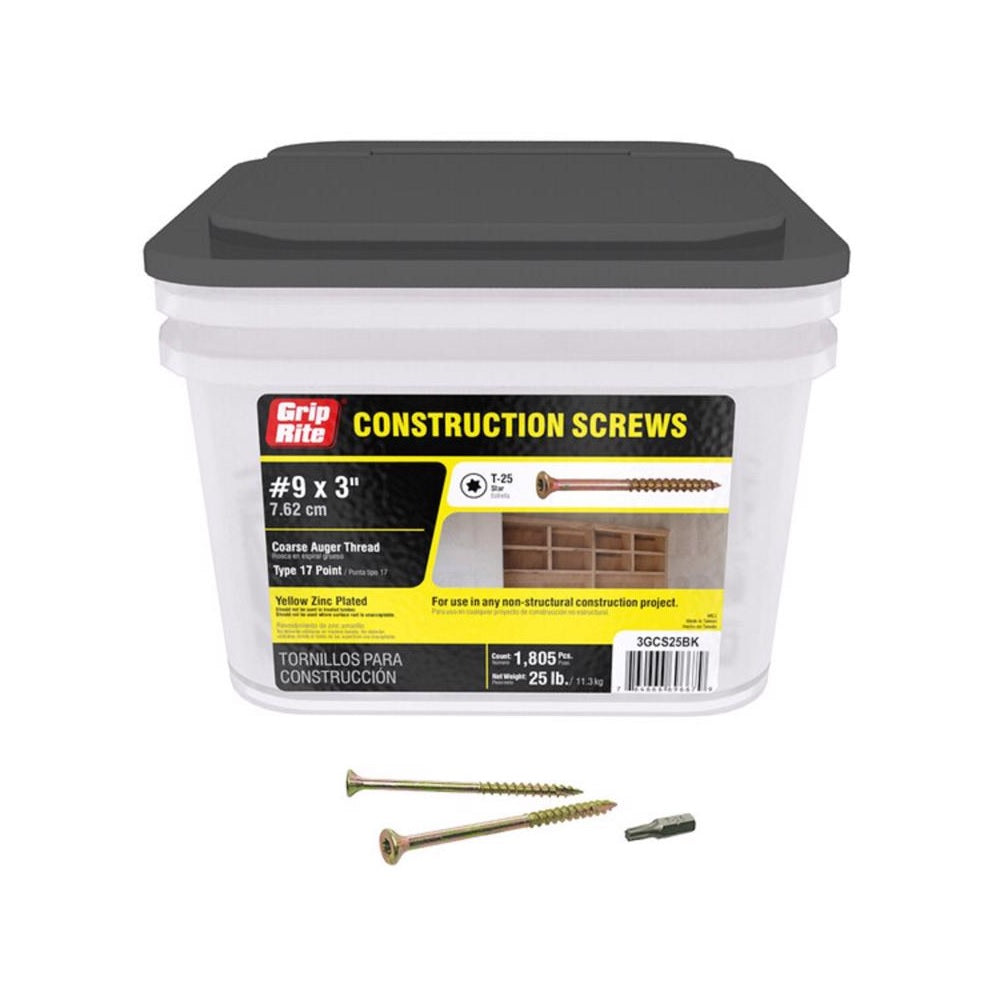 Grip-Rite 3GCS25BK Flat Head Construction Screws, Steel, 25 lb