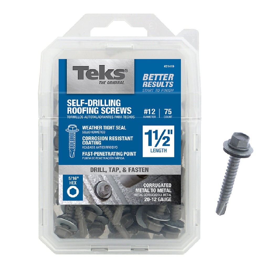 Teks 21419 Hex Washer Head Roofing Screws, Steel