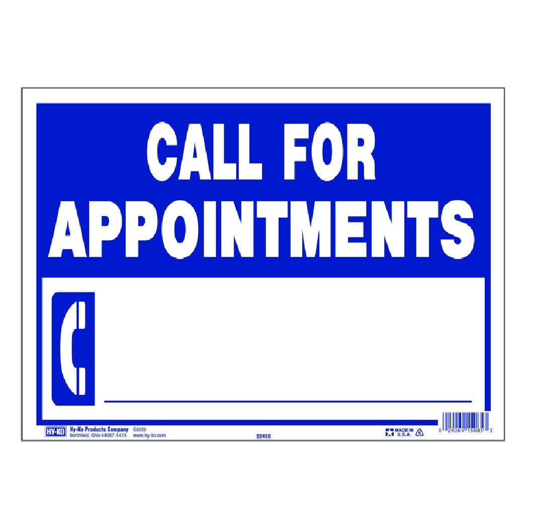Hy-Ko 22432 English Appointment Sign, Blue