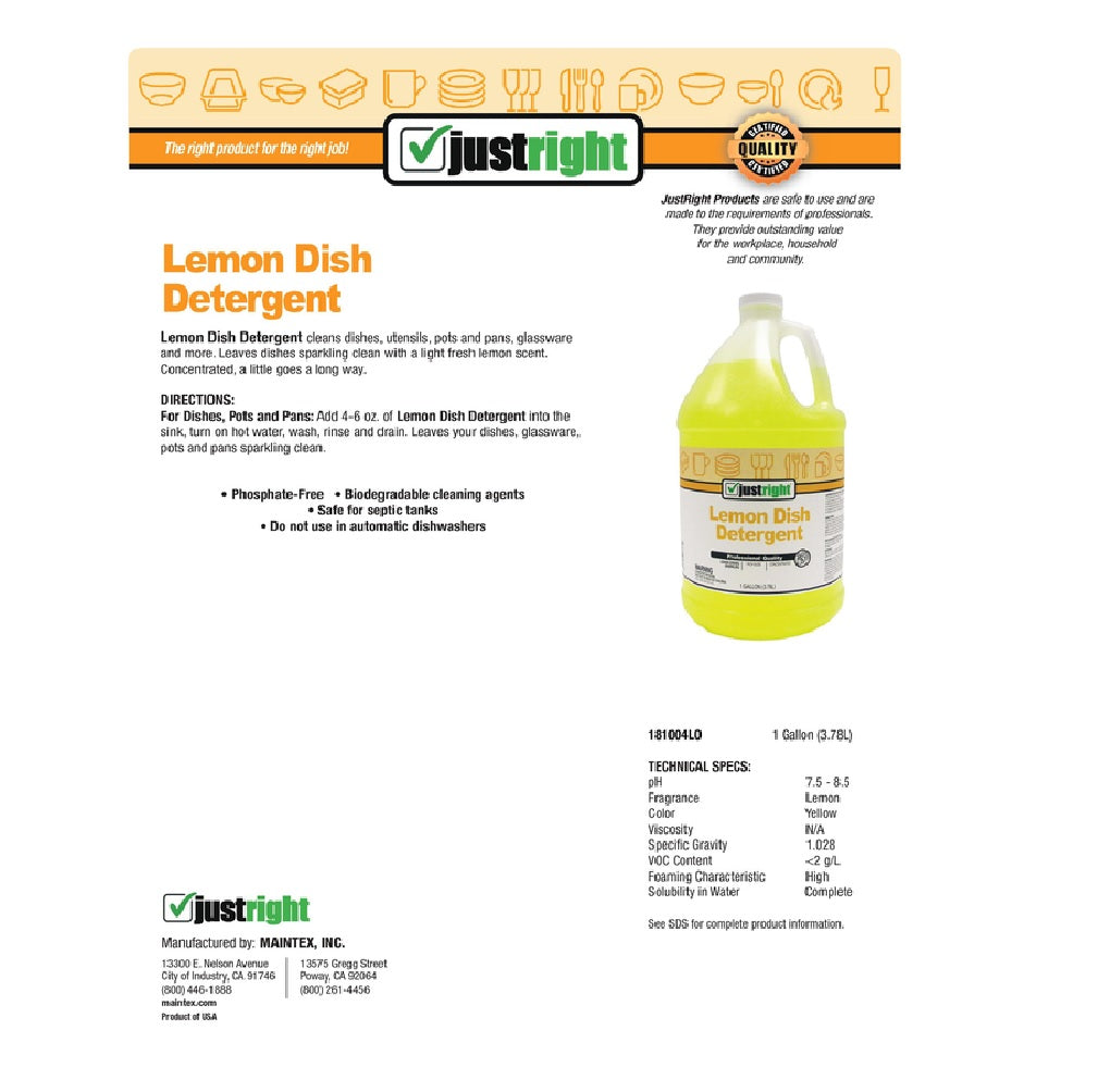 Maintex 181004LO Just Right Lemon Liquid Dish Soap