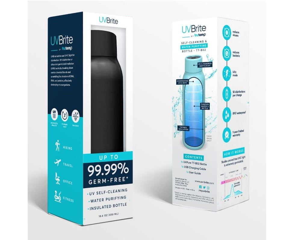 UVBrite TT-B02 Self-Cleaning Water Bottle, Black, 20.3 oz.