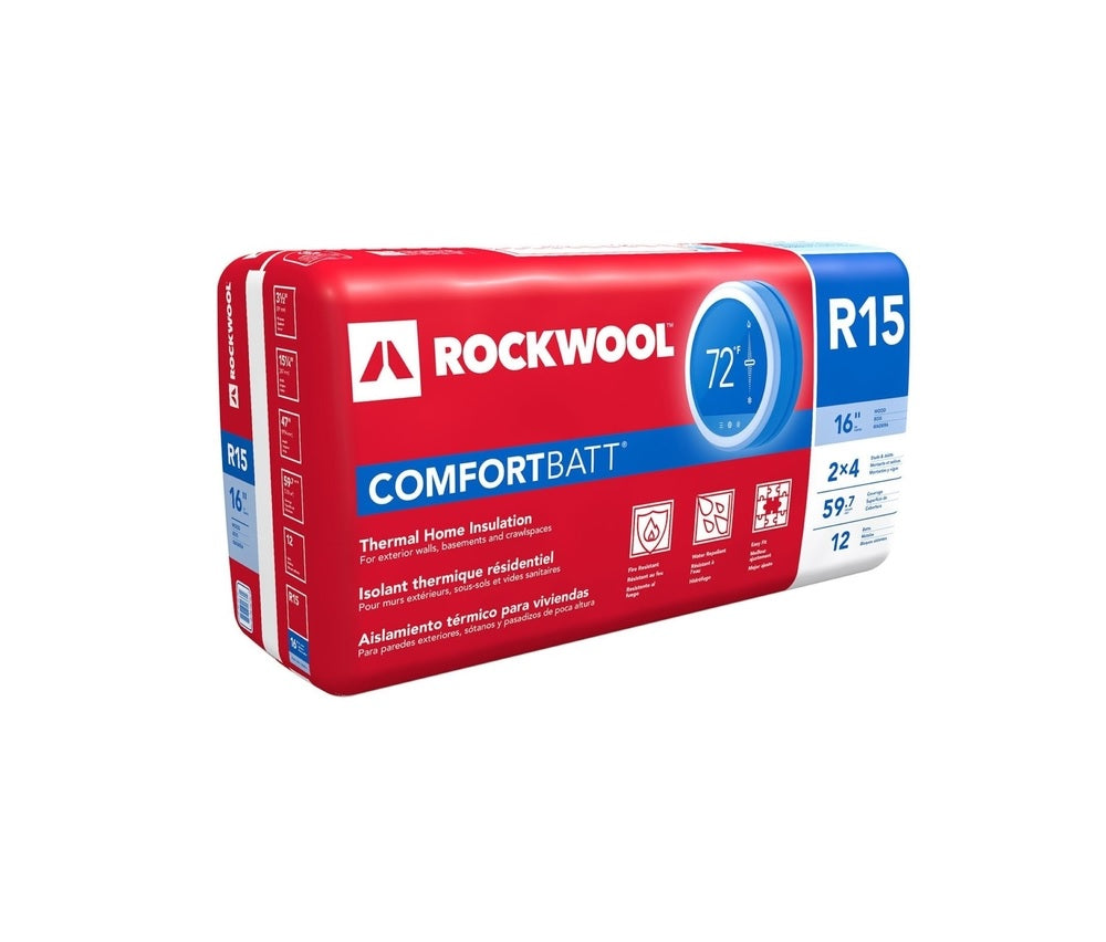 Rockwool RXCB351525 Unfaced Insulation Batt, 15" W x 47" L