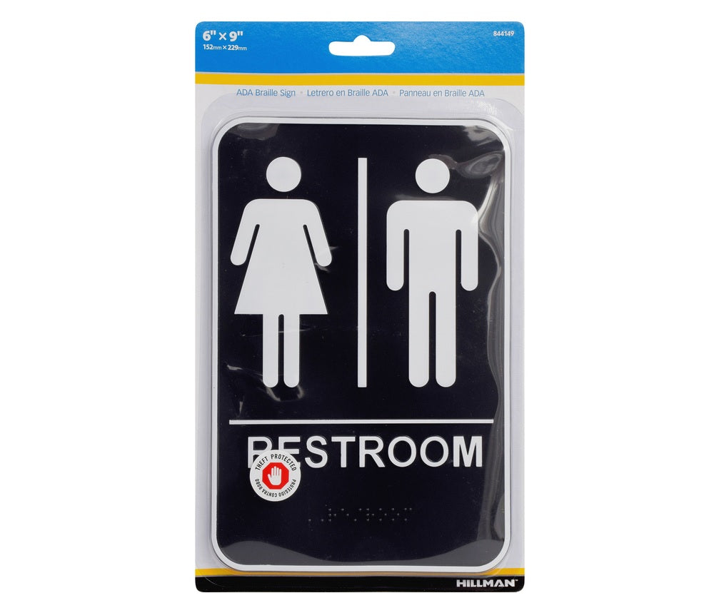 Hillman 844149 English Restroom Plaque, 9" x 6", Black