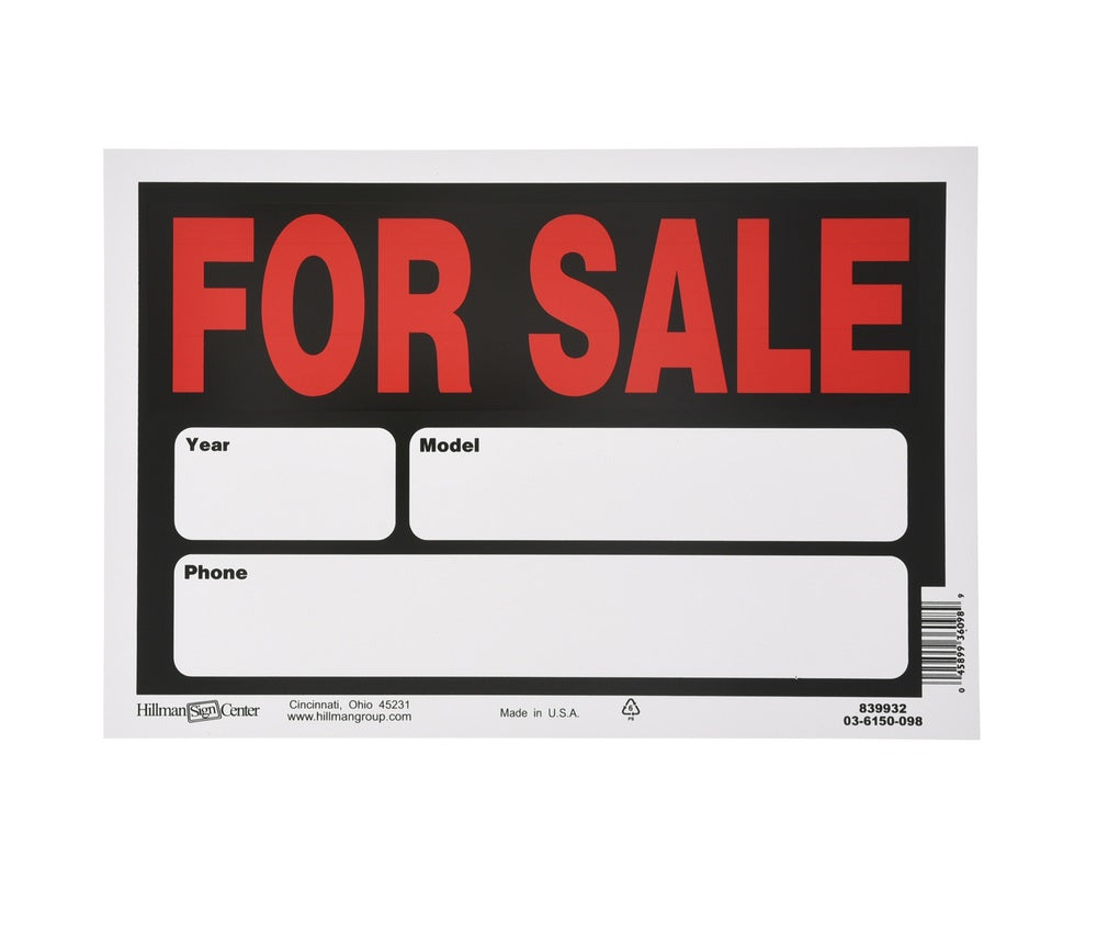 Hillman 839932 English For Sale Sign, 8" x 12", Black