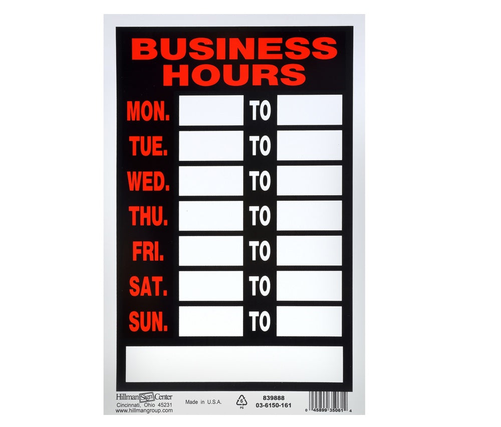 Hillman 839888 English Hours Sign, 12" x 8", Black