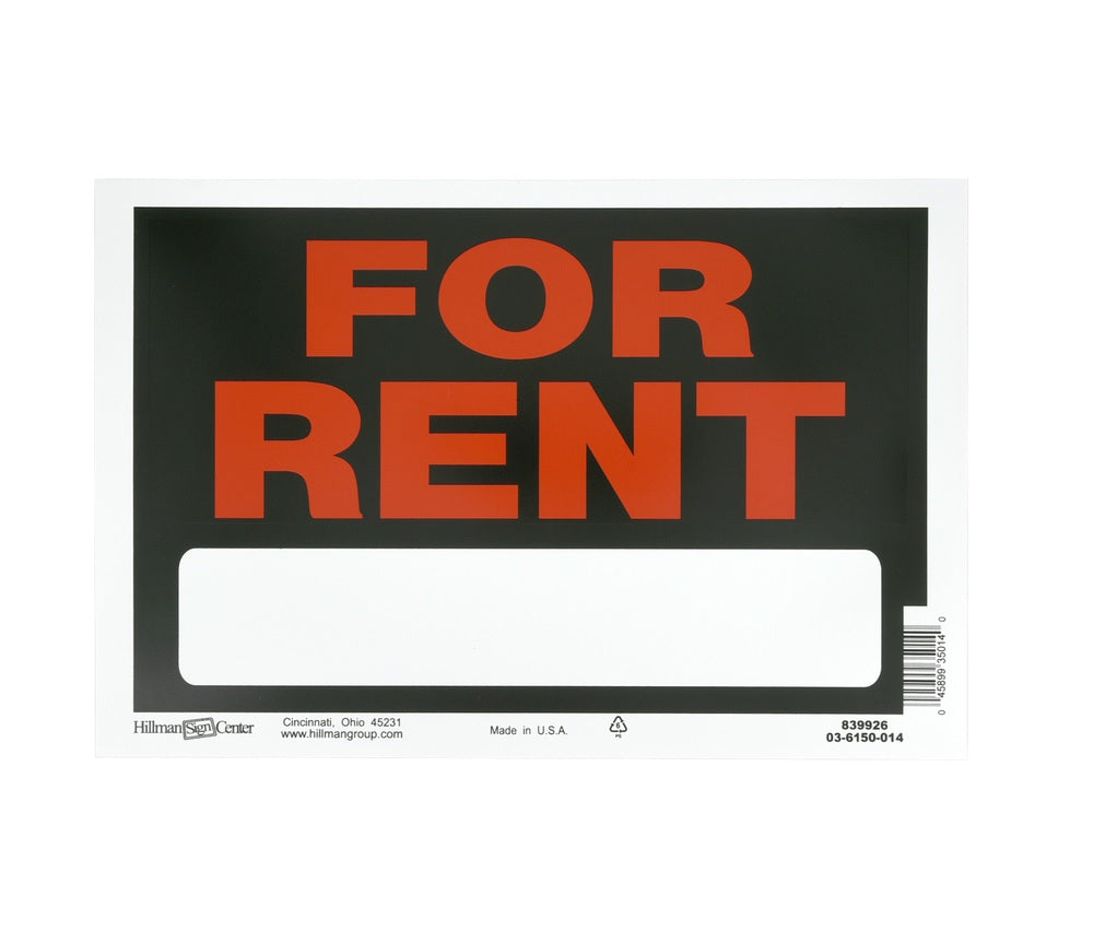 Hillman 839926 English For Rent Sign, 8"x 12", Black