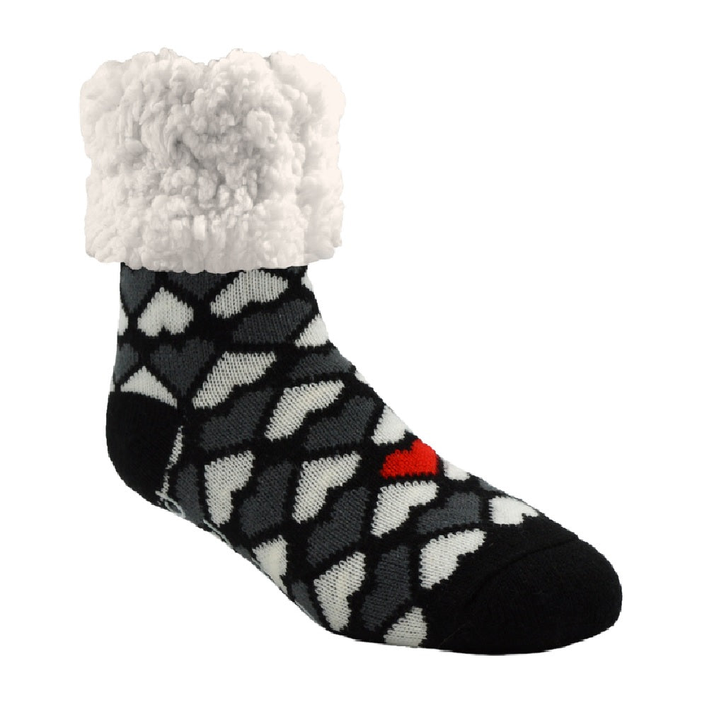 Pudus HT-BLK-C Classic Hearts Slipper Socks, Black/White