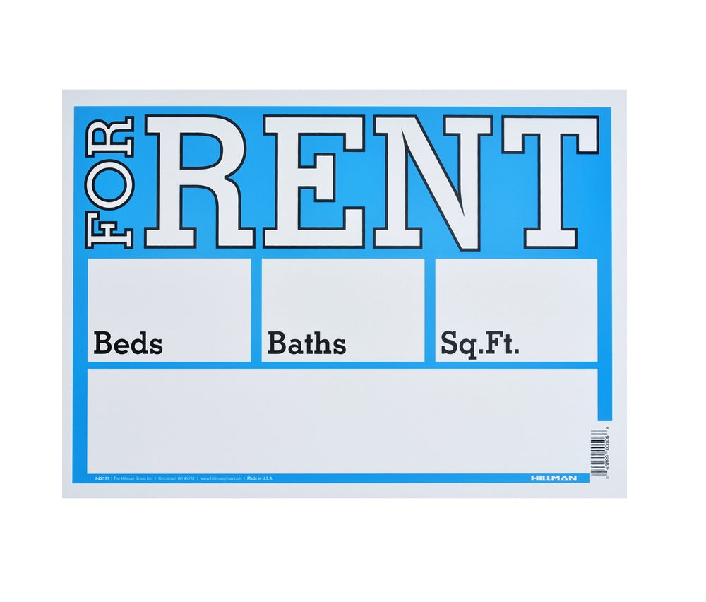 Hillman 842577 English For Rent Sign, 10" x 14", Blue