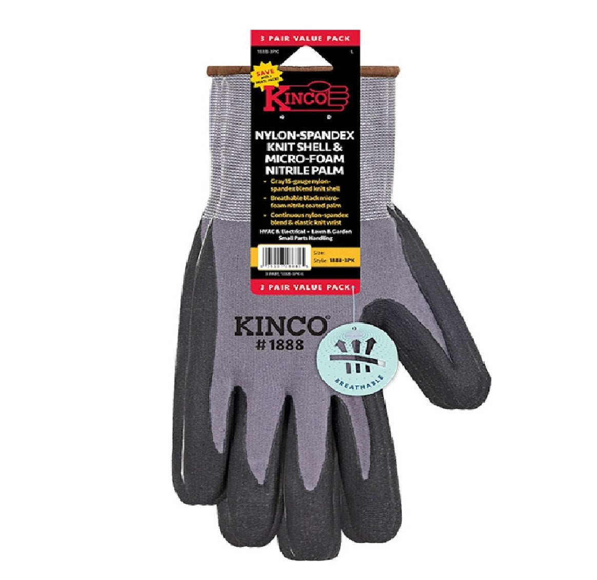 Kinco 1888-3PK-L Men's Palm Gloves, Grey