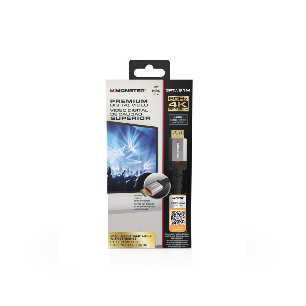 Monster JHIU0122 HDMI Cable With Ethernet, 3', Black