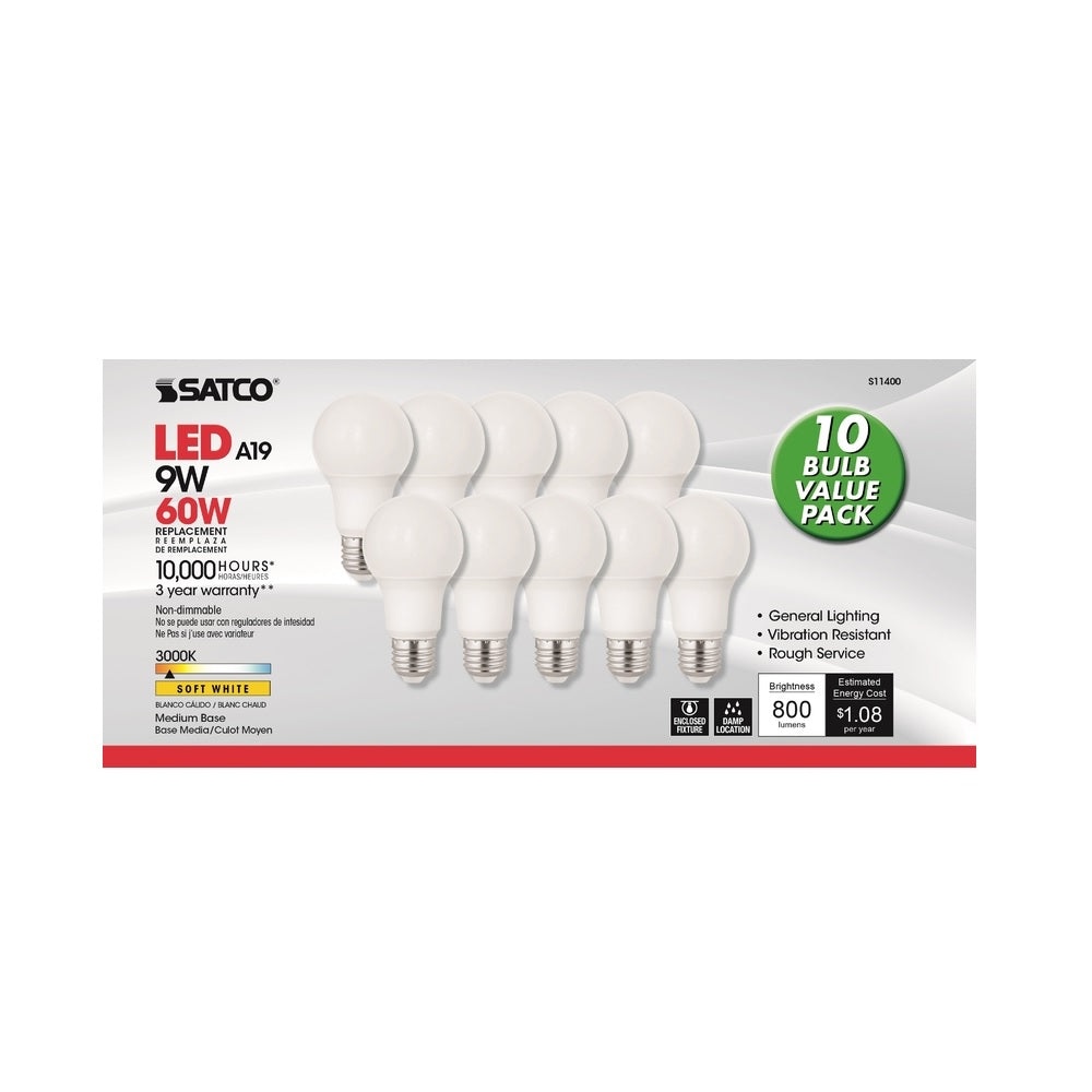 Satco S11400 Soft White LED Bulb, 60 Watt, 10 pack