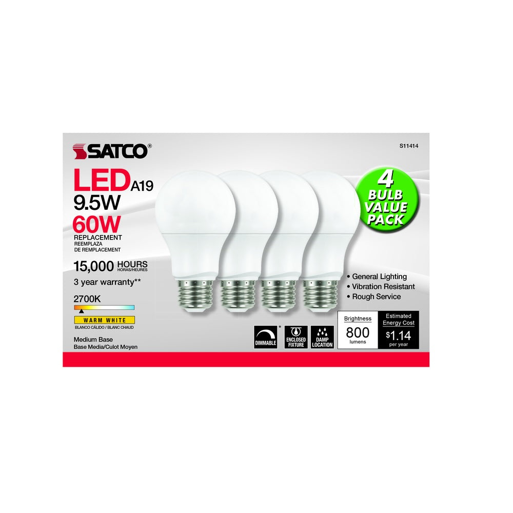 Satco S11414 E26 (Medium) Warm White LED Bulb, 60 Watt, 4 pk