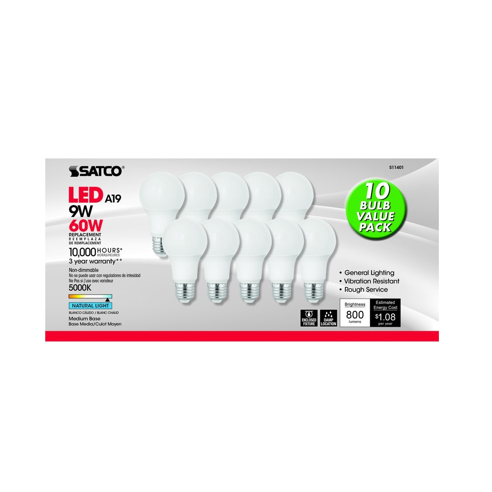Satco S11401 E26 (Medium) Natural Light LED Bulb, 60 Watt, 10 pk