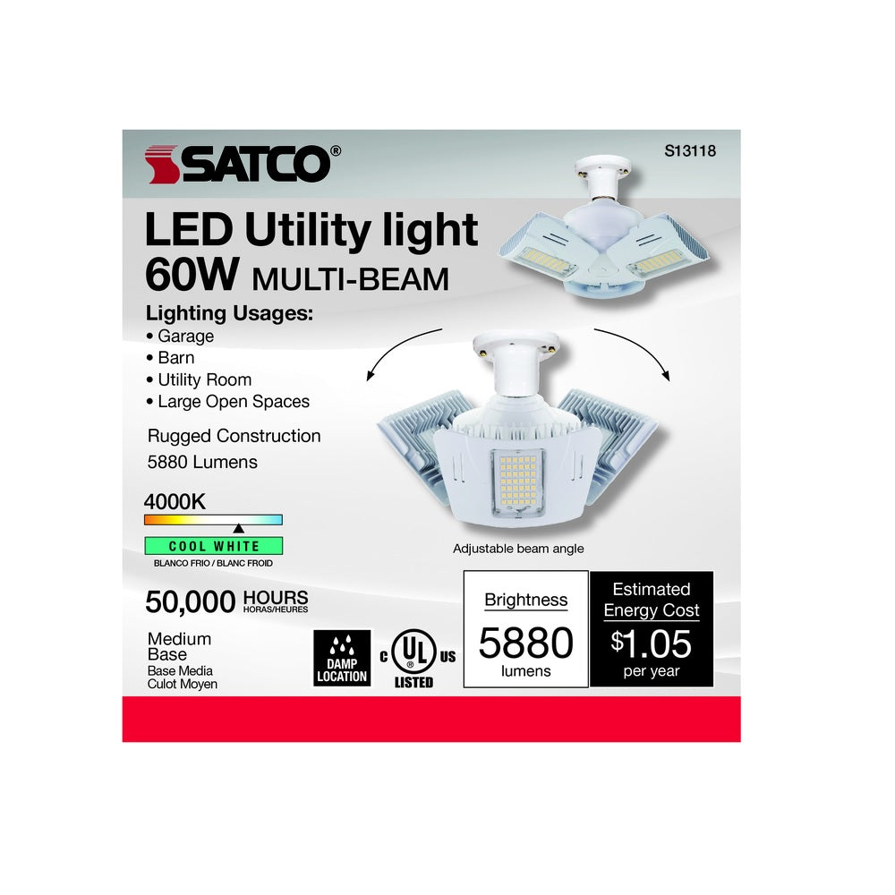 Satco S13118 E26 (Medium) LED Utility Light, White, 60 Watt, 1 pk