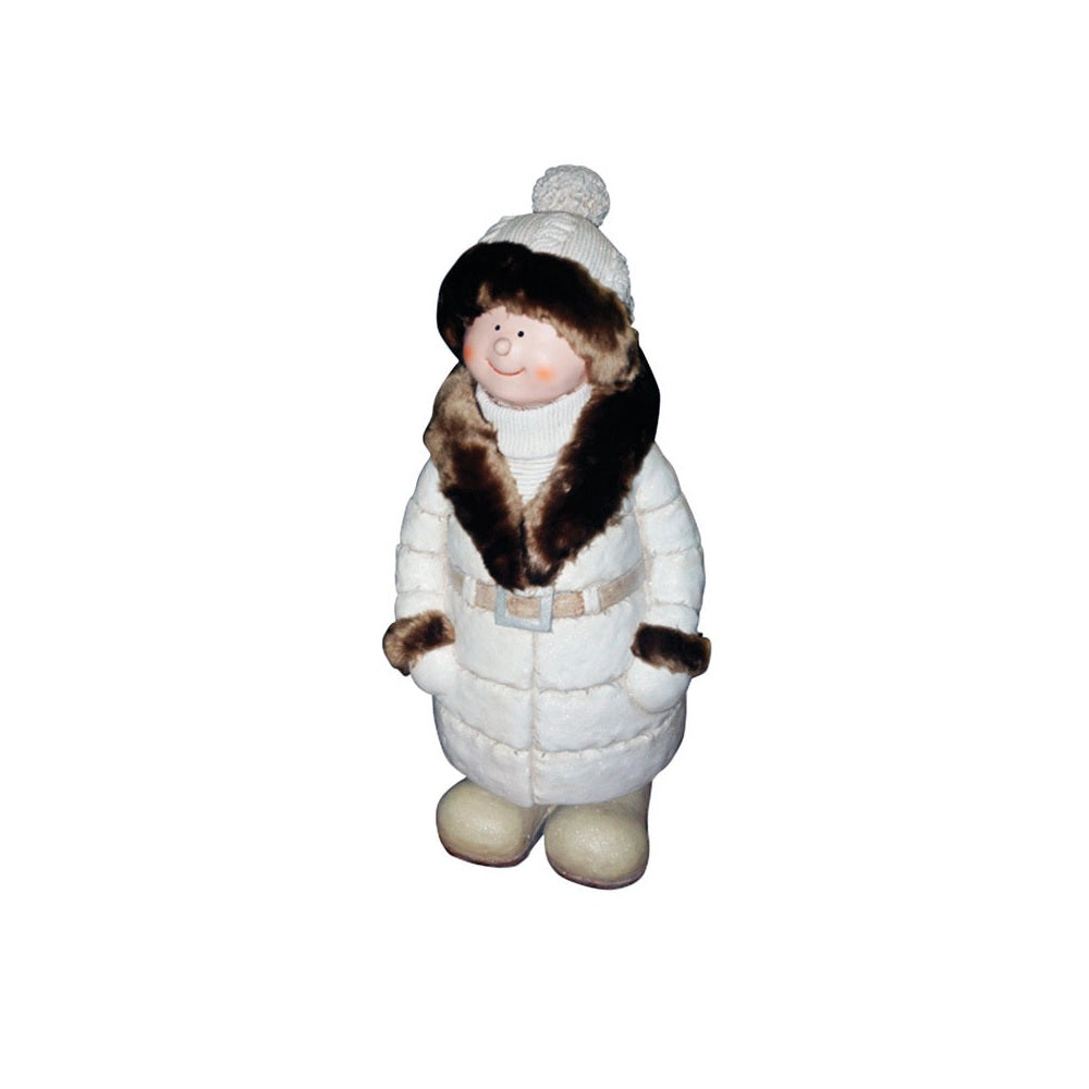 Alpine QWR584 Winter Boy Statue Christmas Decoration, 28", White/Brown