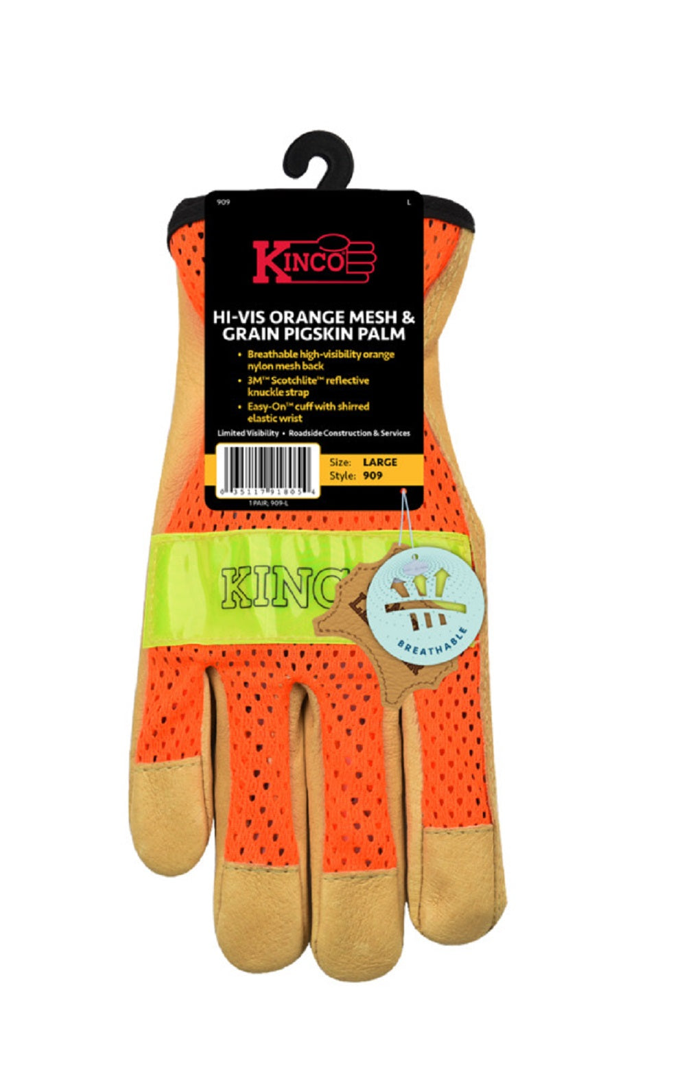 Kinco 909-M Men's Unlined Grain Pigskin Mesh Back Gloves, Medium