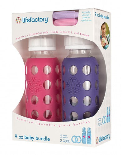 Lifefactory 120007 Baby Bundle Feeding Gift Pack, 9 Oz, Raspberry/Royal Purple