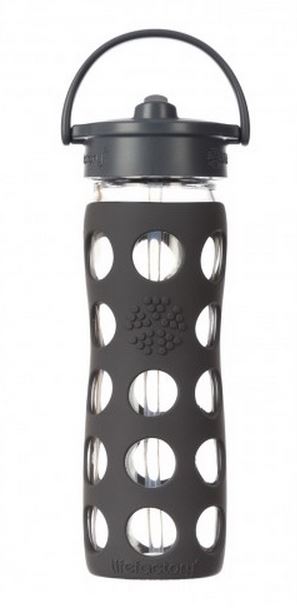 Lifefactory 224045 Glass Water Bottle with Straw Cap, 16 Oz, Carbon