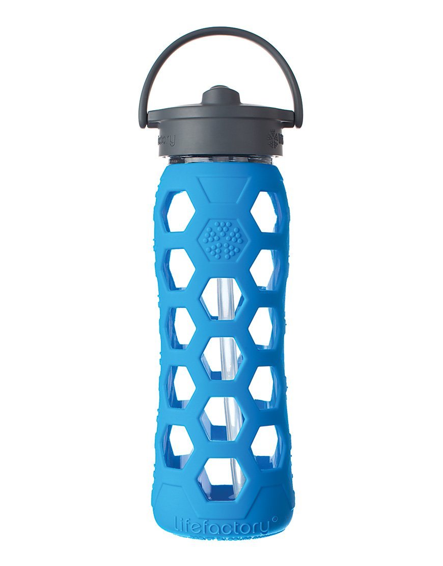 Lifefactory 236041 Glass Water Bottle with Straw Cap, 22 Oz, Ocean