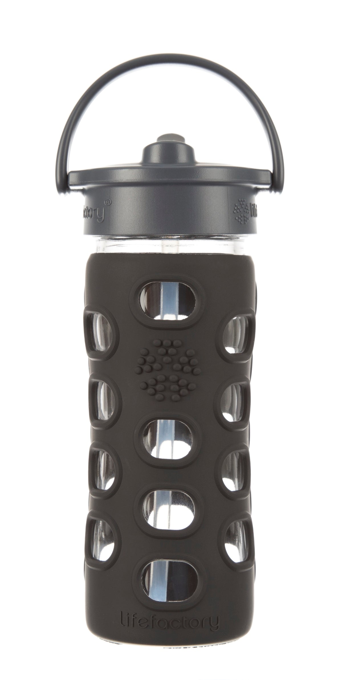 Lifefactory 284040 Glass Water Bottle with Straw Cap, 12 Oz, Black