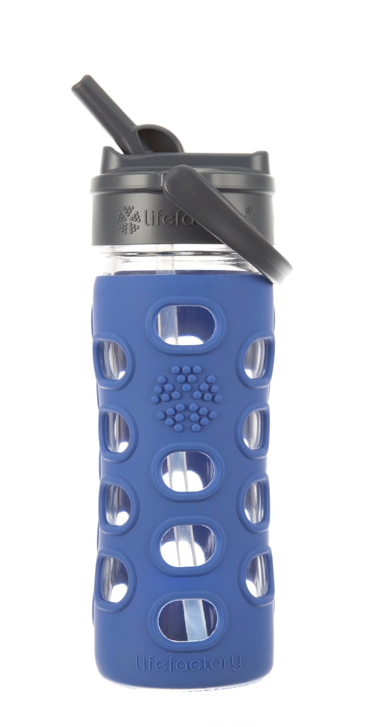 Lifefactory 284041 Glass Water Bottle with Straw Cap, 12 Oz, Cobalt